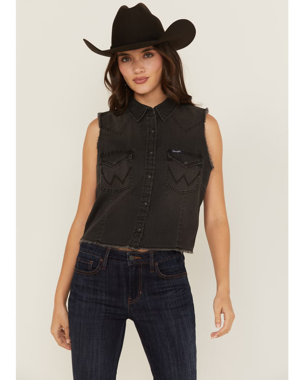 Wrangler Retro Women's XL Sleeveless Crop Black Denim Western Snap Shirt Concert